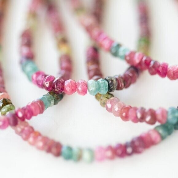 Watermelon Tourmaline Beaded Necklace Non-tarnish Gold Chain BEAUTIFUL Necklace